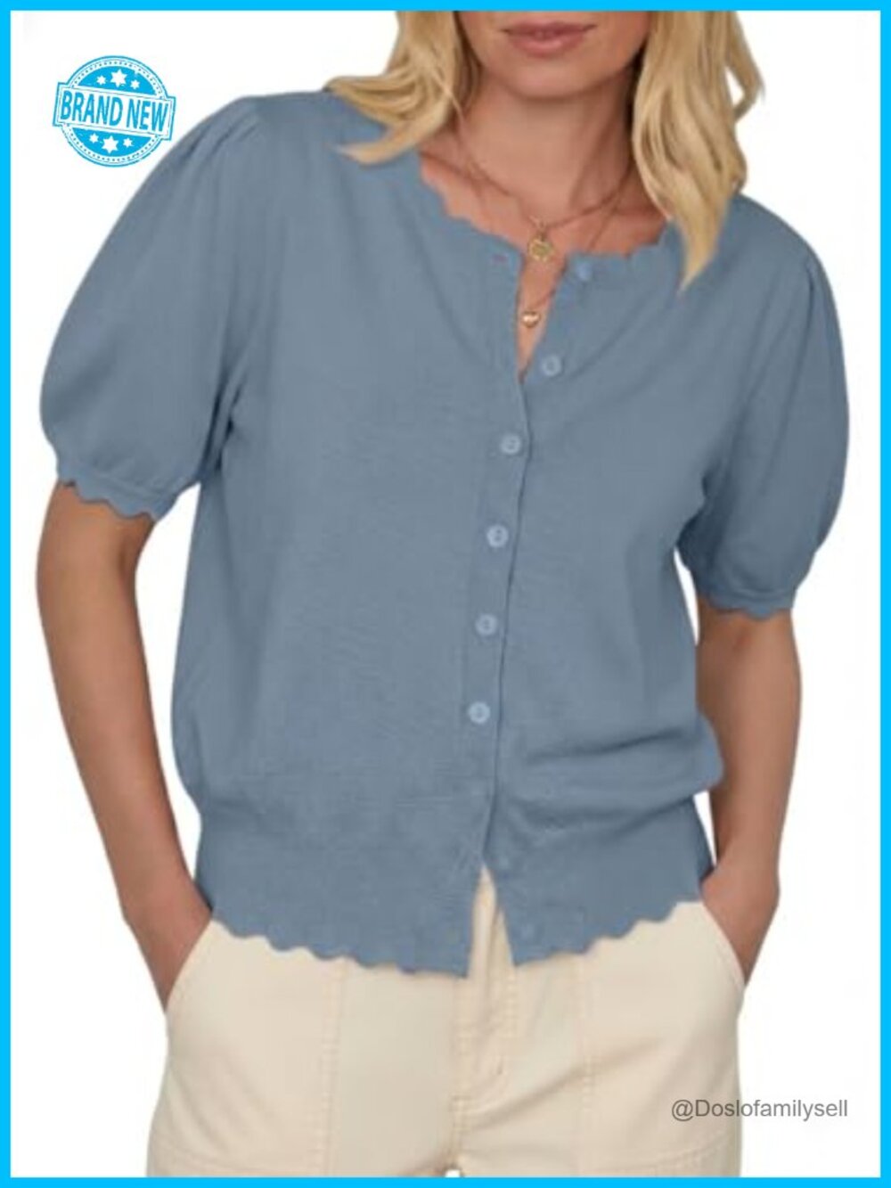 Short Sleeve Scalloped Crewneck Button Up Cardigan Puff Sleeve Knit